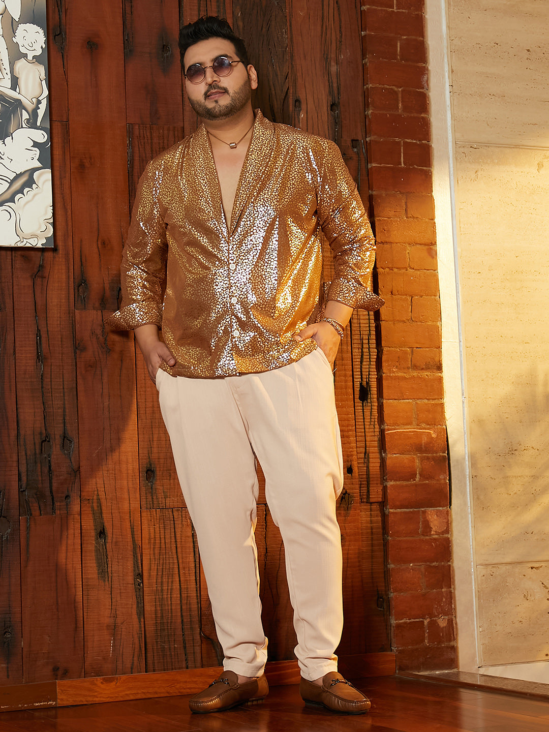 Metallic Shawl Collar Relaxed Shirt