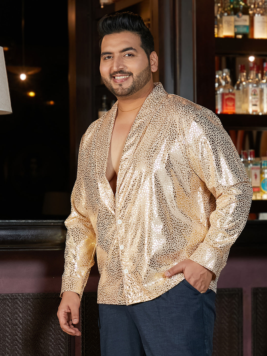Metallic Shawl Collar Relaxed Shirt