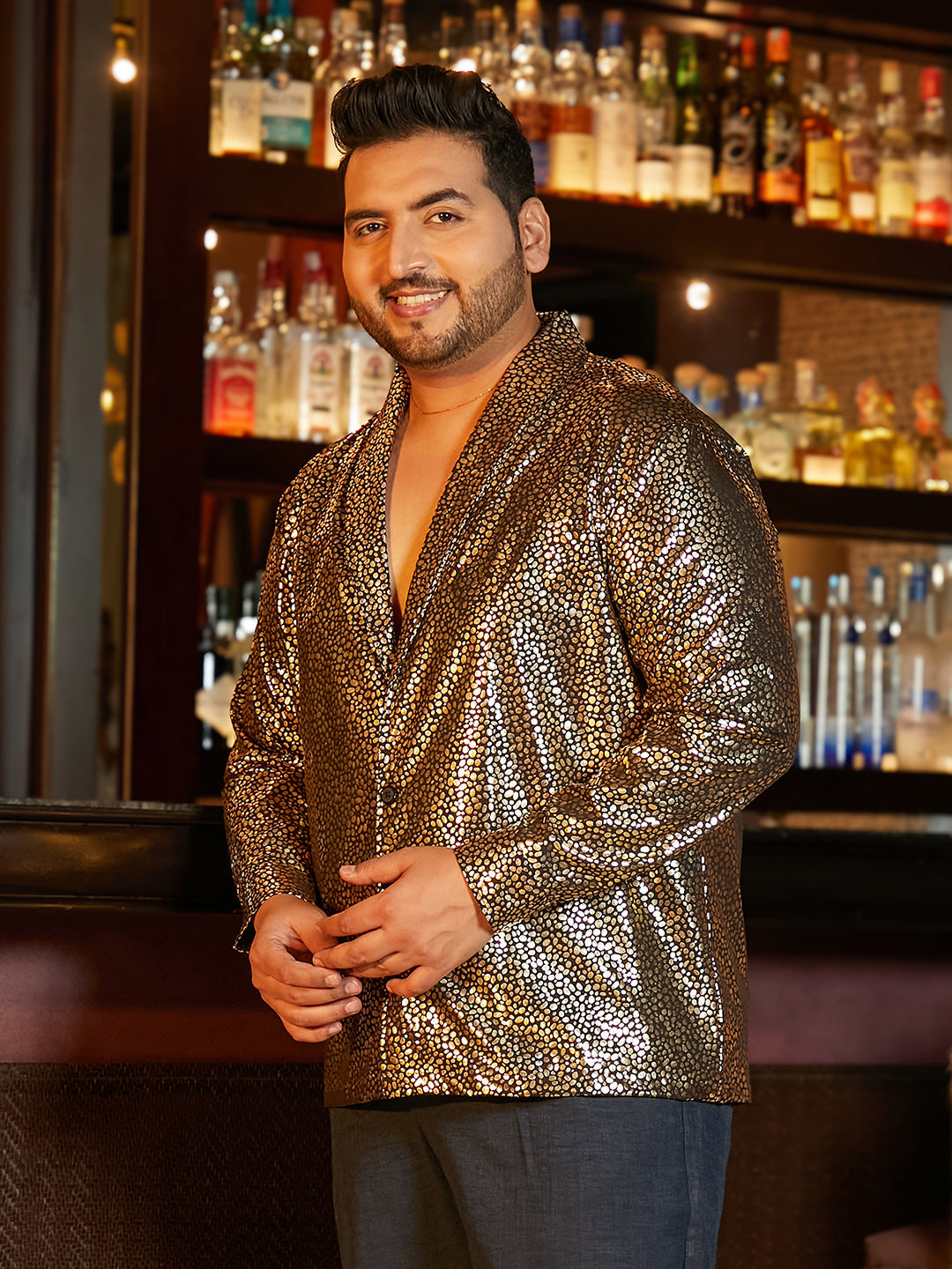 Metallic Shawl Collar Relaxed Shirt