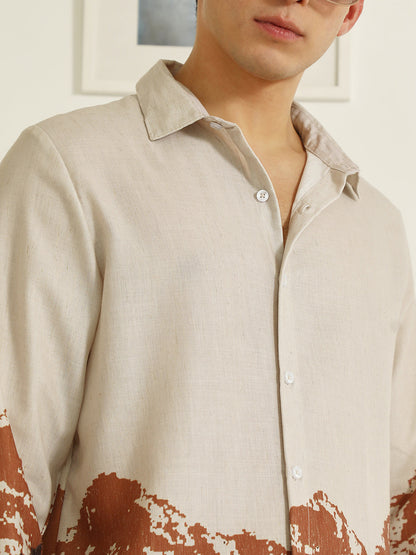 Beige Rayon Shirt With Abstract Mountain Print
