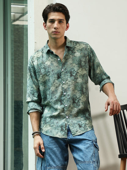 Green Floral Print Full Sleeve Shirt