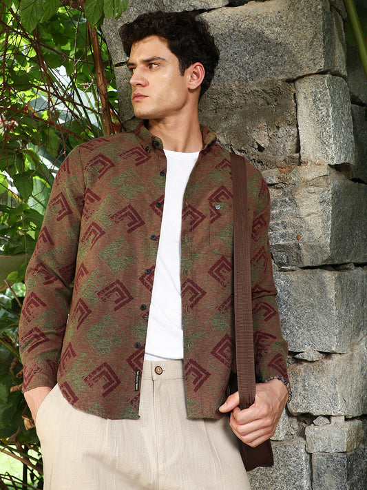 Coffee Brown Cubic-Stamp Jacquard Shirt
