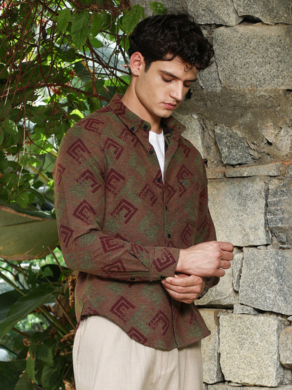Coffee Brown Cubic-Stamp Jacquard Shirt