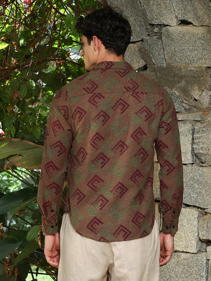 Coffee Brown Cubic-Stamp Jacquard Shirt