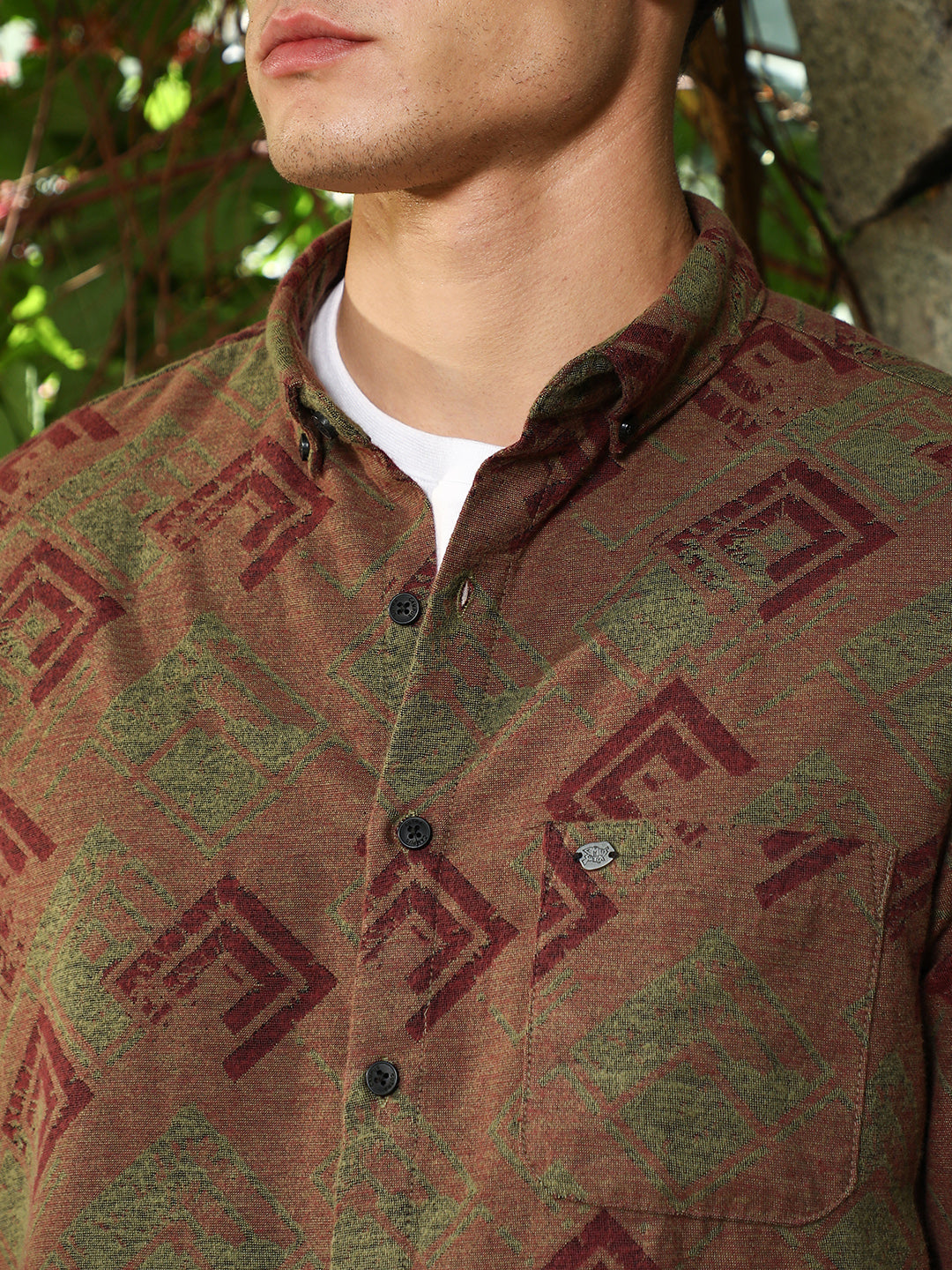 Coffee Brown Cubic-Stamp Jacquard Shirt