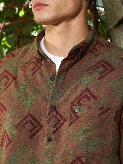 Coffee Brown Cubic-Stamp Jacquard Shirt