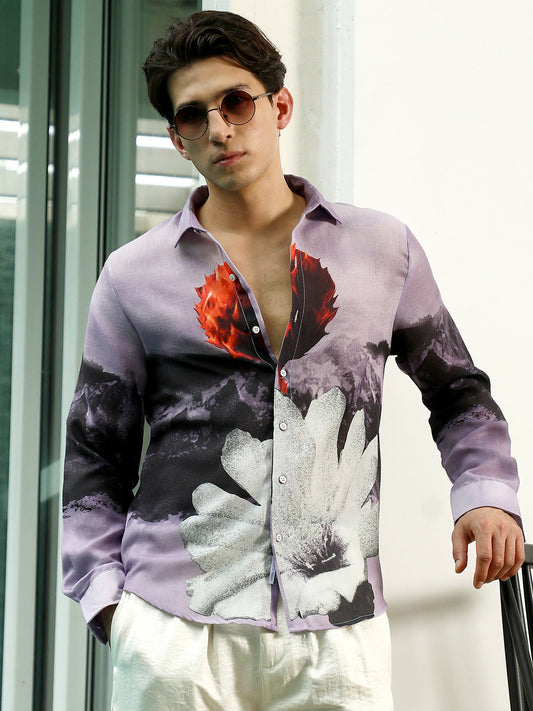 Purple Floral Printed Rayon Shirt With Spread Collar
