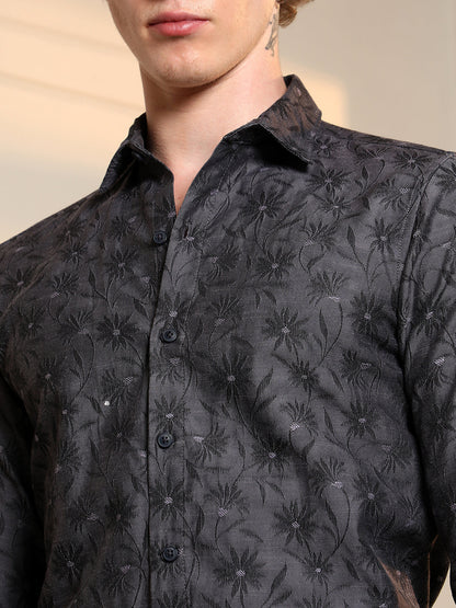 Dark Grey Floral Self Design Slim Fit Shirt