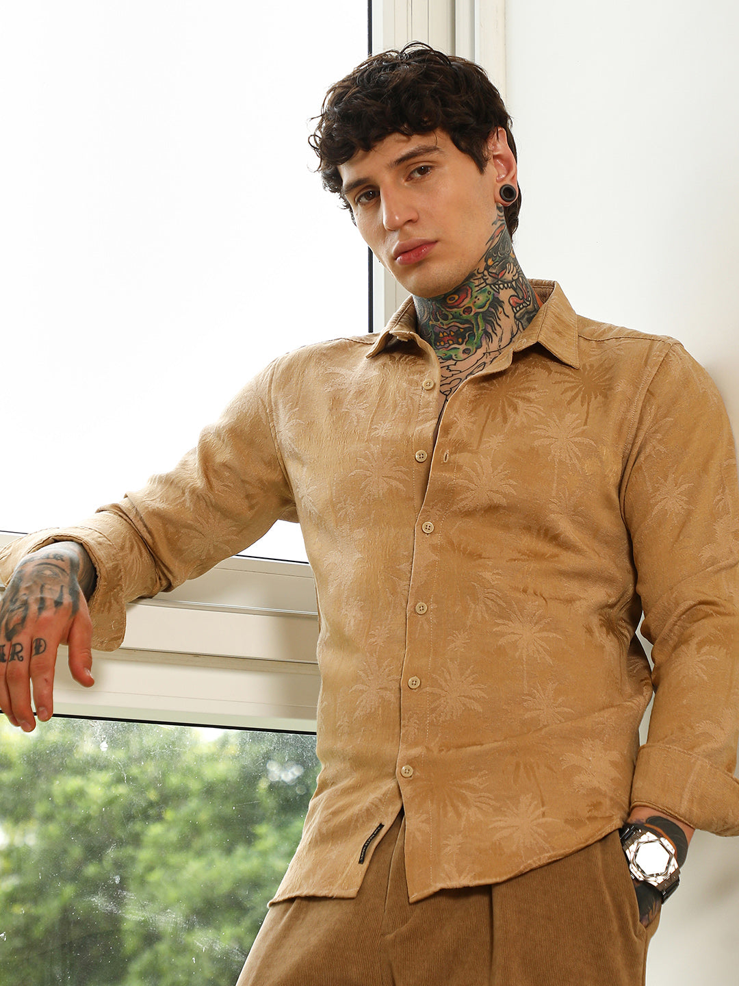 Beige Textured Slim Fit Shirt With Palm Tree Pattern