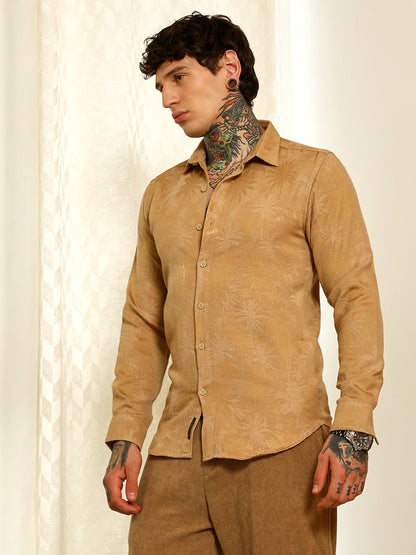 Beige Textured Slim Fit Shirt With Palm Tree Pattern