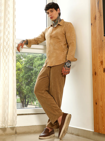 Beige Textured Slim Fit Shirt With Palm Tree Pattern