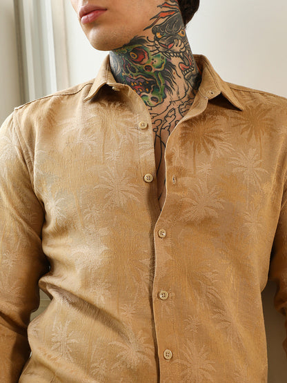 Beige Textured Slim Fit Shirt With Palm Tree Pattern