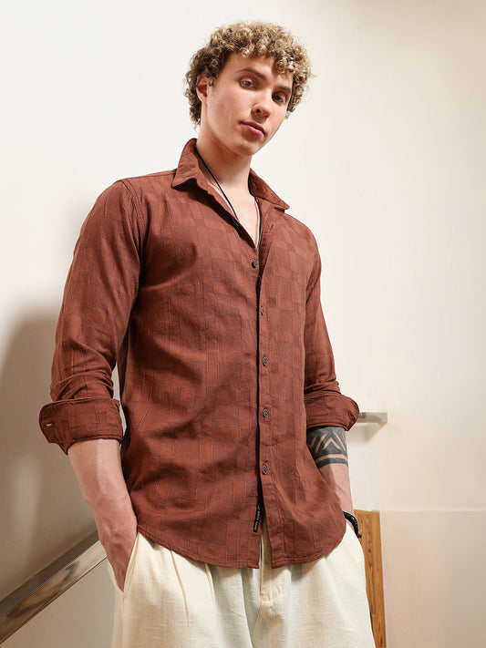 Terracotta Textured Cotton Shirt With Point Collar