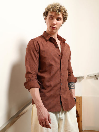 Terracotta Textured Cotton Shirt With Point Collar