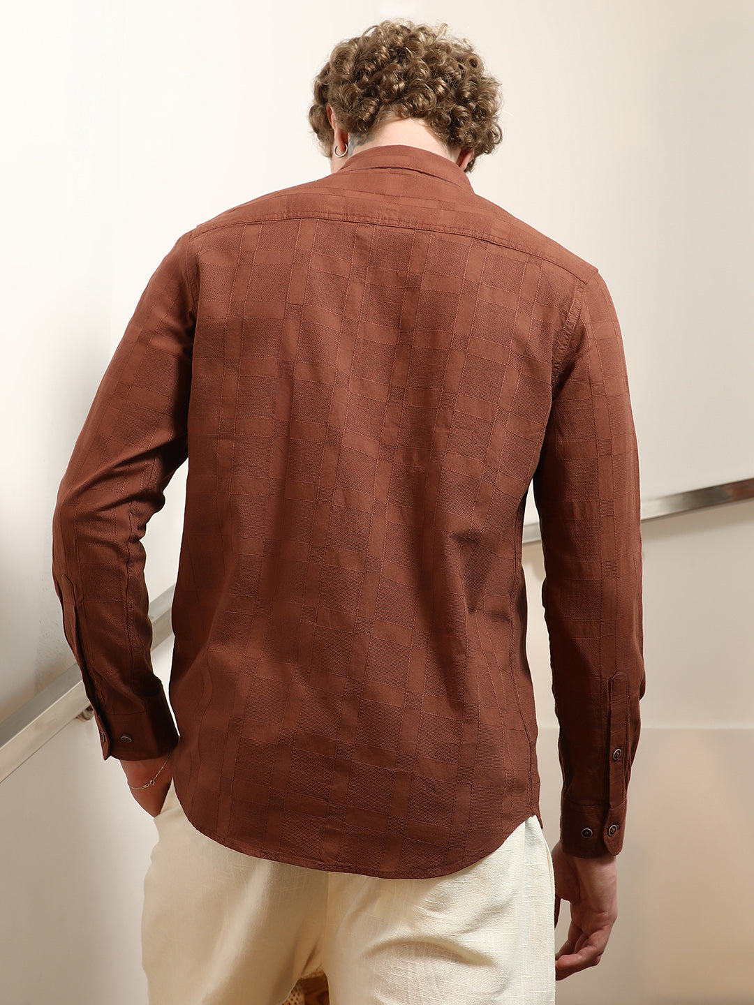 Terracotta Textured Cotton Shirt With Point Collar