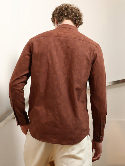 Terracotta Textured Cotton Shirt With Point Collar