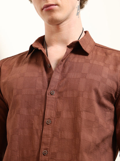 Terracotta Textured Cotton Shirt With Point Collar