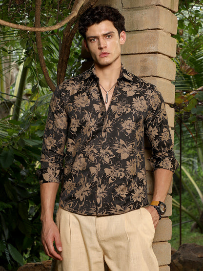 Sand Beige & Midnight Black Contrast-Flora Jacquard Shirt