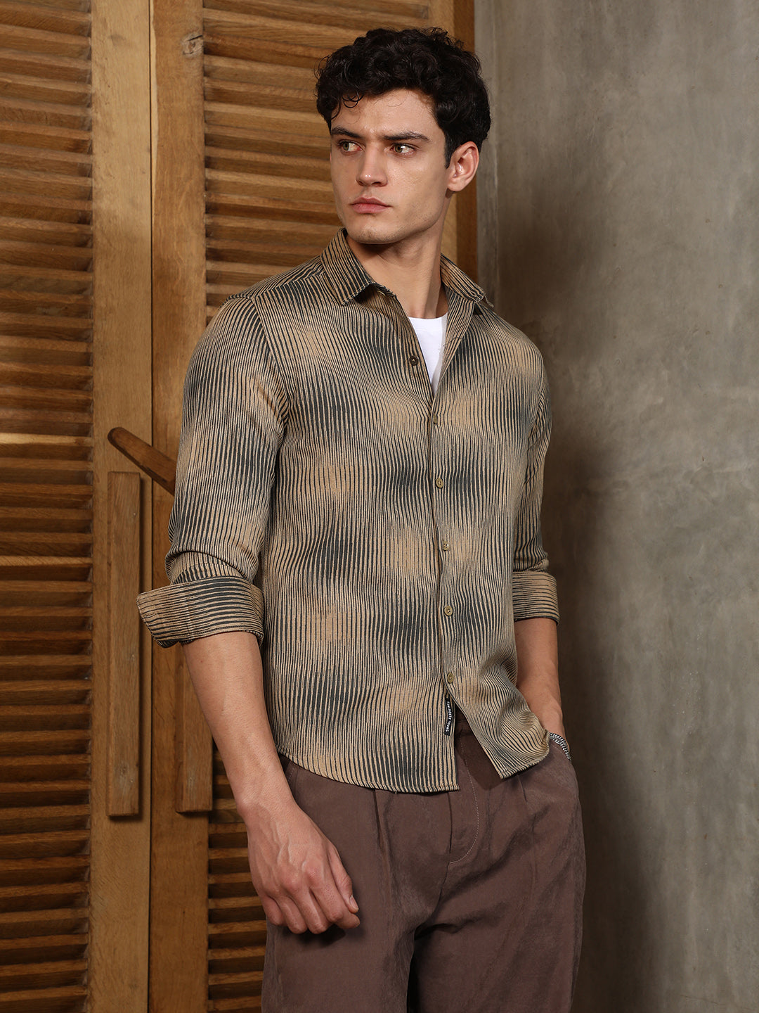 Sand Beige & Midnight Black Gradient-Rhombus Jacquard Shirt