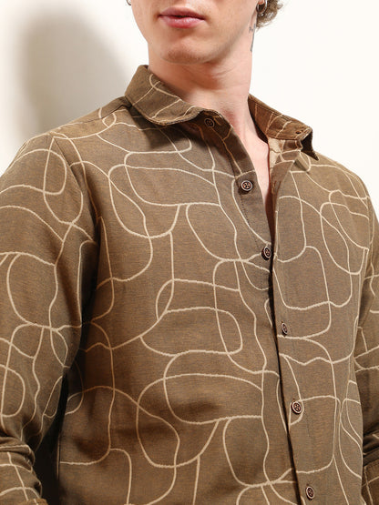 Brown Abstract Print Cotton Blend Full Sleeve Shirt