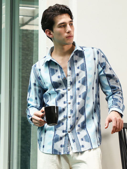 Blue Geometric Pattern Cotton Polyester Blend Full Sleeve Shirt
