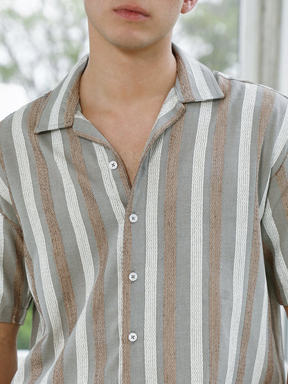 Striped Cotton Blend Cuban Collar Shirt