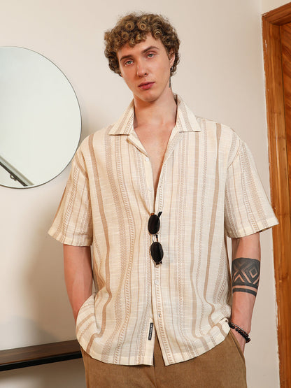 Beige Striped Cuban Collar Shirt
