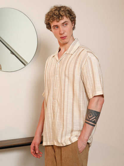 Beige Striped Cuban Collar Shirt