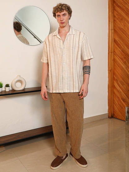 Beige Striped Cuban Collar Shirt
