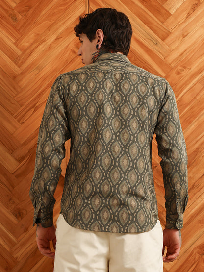 Olive Green Geometric Patterned Cotton Blend Full Sleeve Shirt