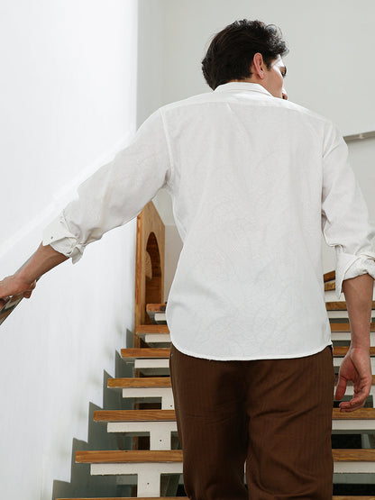 White Textured Cotton Blend Slim Fit Shirt