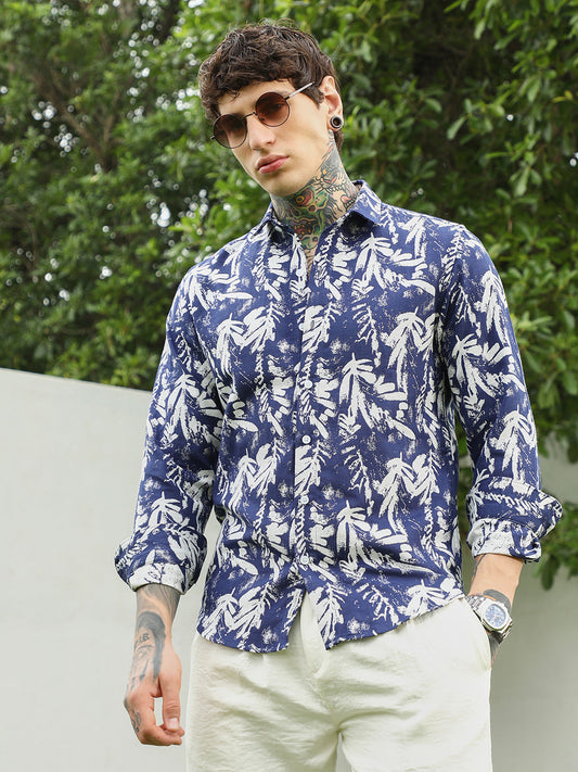 Navy Blue Botanical Print Cotton Blend Full Sleeve Shirt