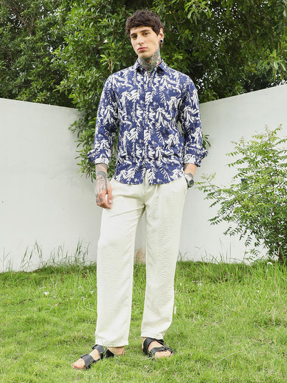Navy Blue Botanical Print Cotton Blend Full Sleeve Shirt