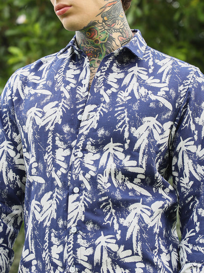 Navy Blue Botanical Print Cotton Blend Full Sleeve Shirt