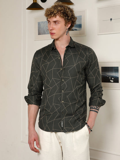 Dark Green Geometric Pattern Full Sleeve Shirt