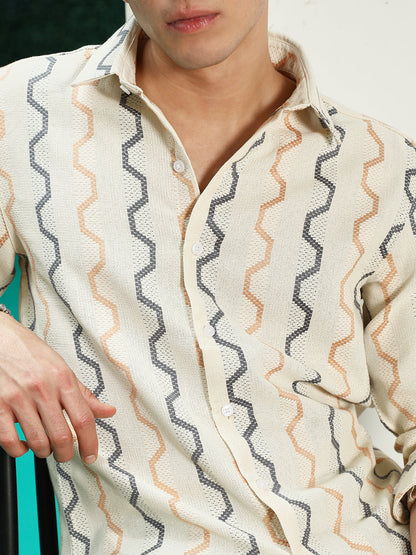 Off White Zigzag Pattern Full Sleeve Cotton Blend Shirt