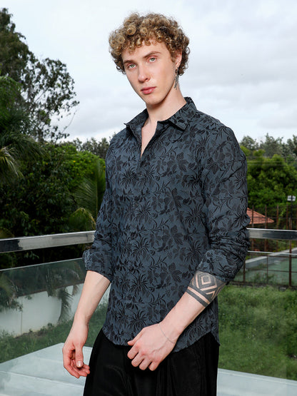 Dark Grey Floral Pattern Slim Fit Shirt