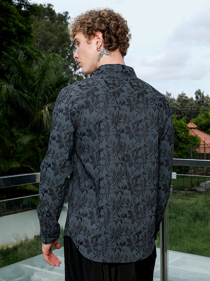 Dark Grey Floral Pattern Slim Fit Shirt