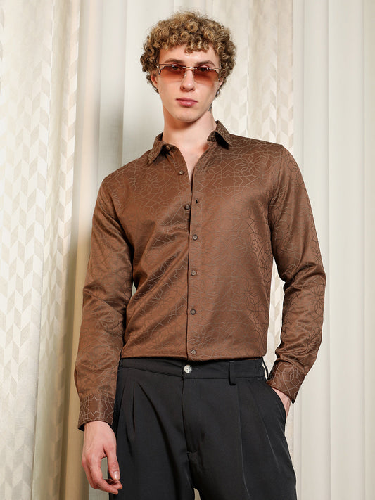 Brown Jacquard Full Sleeve Tailored Fit Shirt
