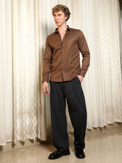 Brown Jacquard Full Sleeve Tailored Fit Shirt