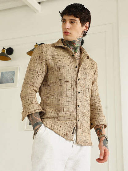 Beige Textured Cotton-Polyester Blend Shirt