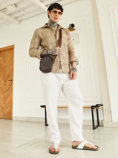 Beige Textured Cotton-Polyester Blend Shirt