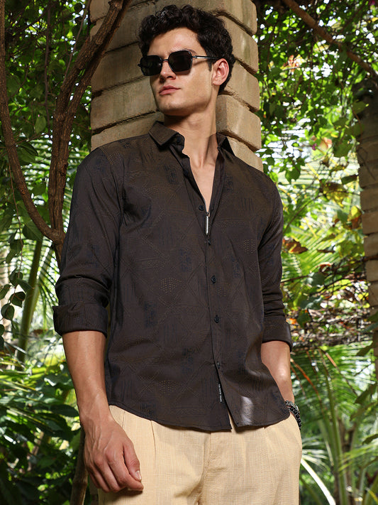 Olive Brown Geometric-Folk Self-Design Shirt