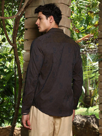 Olive Brown Geometric-Folk Self-Design Shirt