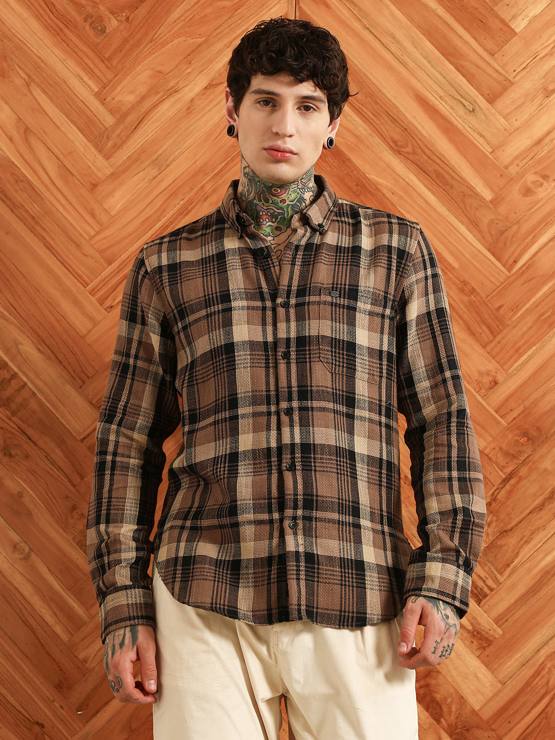 Brown Plaid Cotton Tailored Fit Shirt