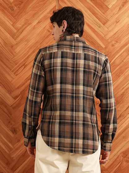 Brown Plaid Cotton Tailored Fit Shirt