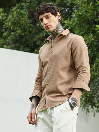 Beige Textured Cotton Blend Full Sleeve Shirt