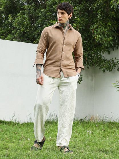 Beige Textured Cotton Blend Full Sleeve Shirt