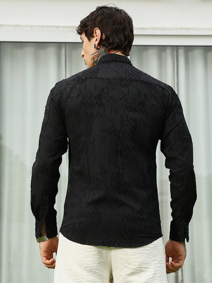 Black Self-Design Cotton Blend Slim Fit Shirt