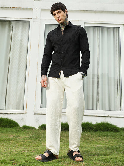 Black Self-Design Cotton Blend Slim Fit Shirt
